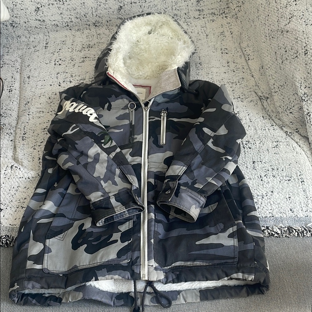 Black and Gray Urban Camo Puffer Jacket with Faux Fur Hood